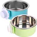 kathson Crate Dog Bowl 2pcs, Removable Stainless Steel Hanging Pet Kennel Cage Bowl Food & Water Feeder Coop Cup for Puppy, Cat, Rabbit,Guinea Pigs Large (Blue,Green)