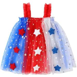 Pack of 2 Toddler Baby Girl 4th of July Dress Kid Girls Star Sequin Layered Tulle Tutu Dresses Patriotic Wear Clothes 1-6 Years