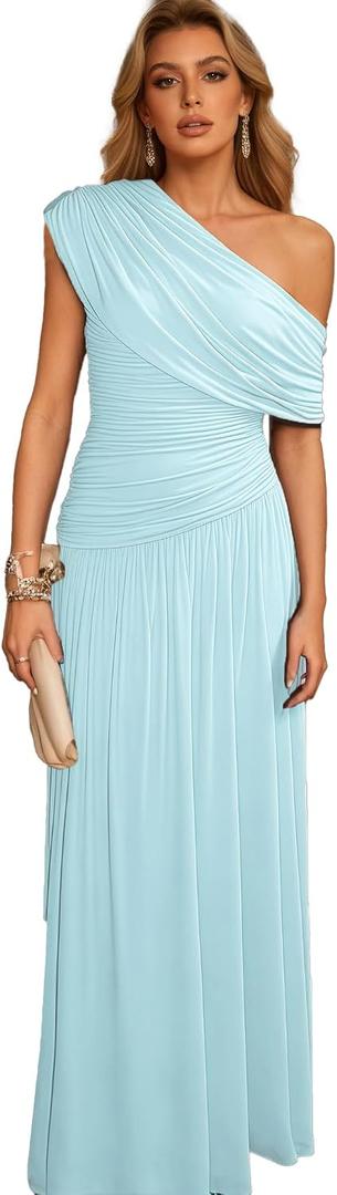 Women's One Shoulder Ruched Formal Bodycon Dress Elegant Sleeveless Stretchy Cocktail Party Dress, Large