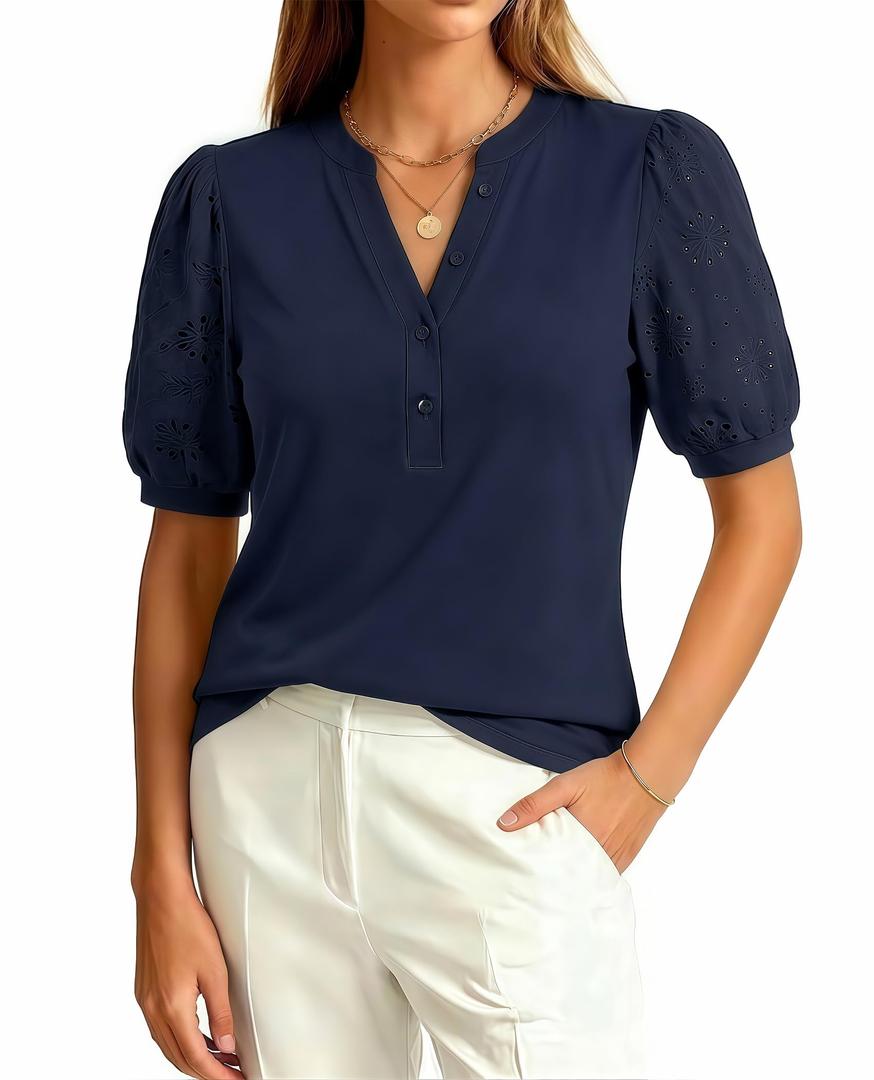 Uhiger Navy Blue Blouse Henley V Neck Button Up Shirt Embroidered Eyelet Puff Sleeve Female Plus Size Summer Outfits (XXL)