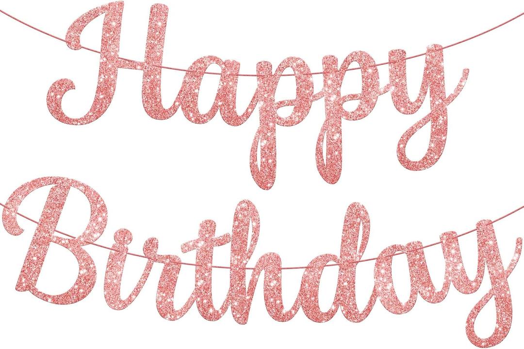 KatchOn Glitter Rose Gold Cursive Happy Birthday Banner - Pre-Strung 10 Feet, Happy Birthday Sign for Women and Girls Rose Gold Birthday Decorations