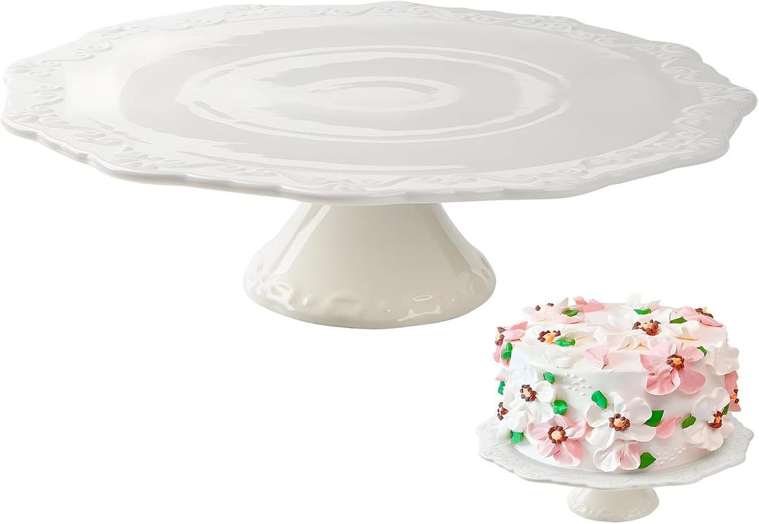 10 Inch White Ceramic Cake Stand (Holds 10 Inch Cake), Decorative Cupcake Stand, Dessert Display Plates for Snacks and Cookies, Baby Shower, Birthday, Wedding Party Decor