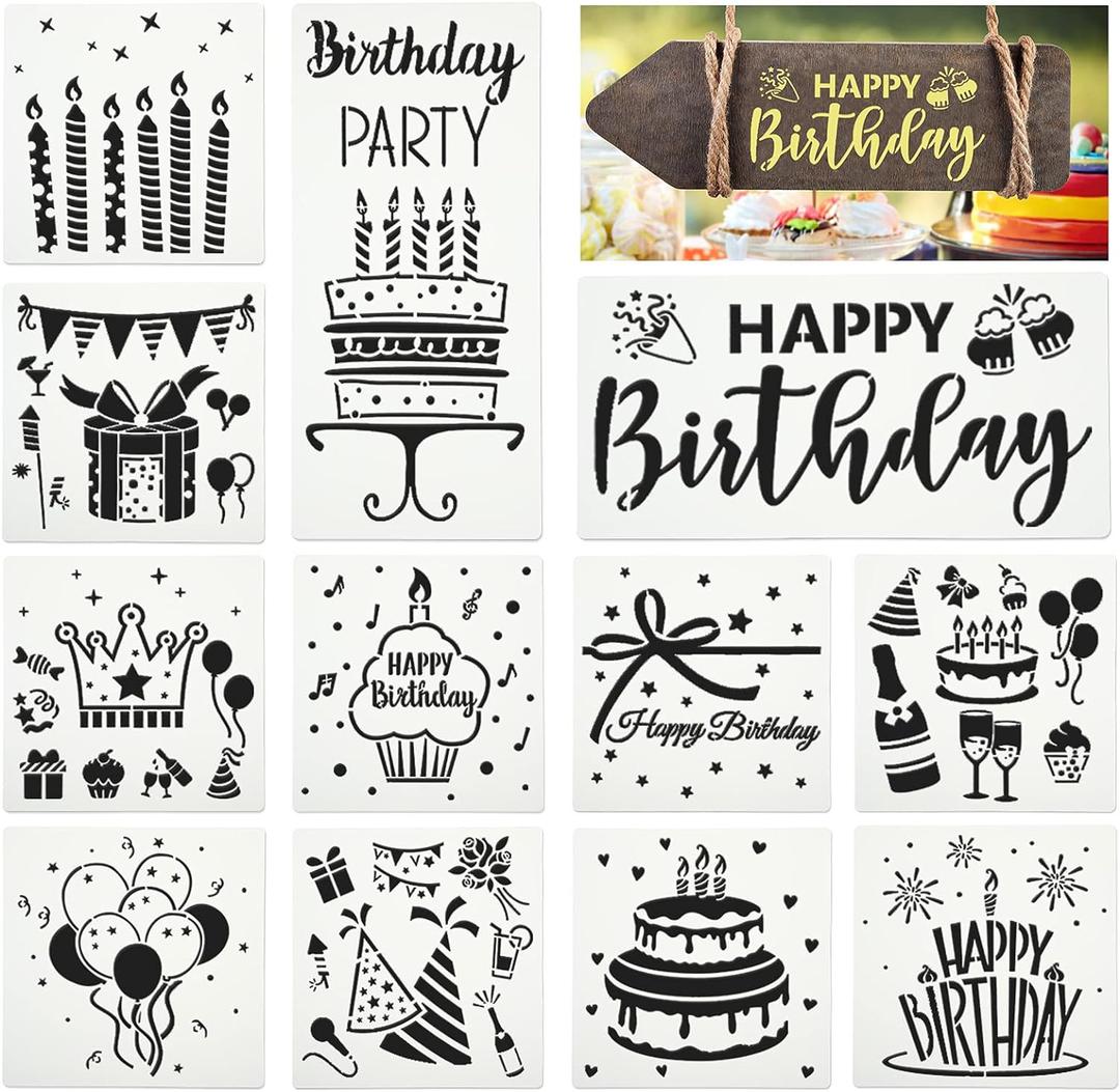 Xuniea 12 Piece Birthday Stencils - Happy Birthday Templates & Cake Candle Pattern for Drawing, Card Making & DIY Decor