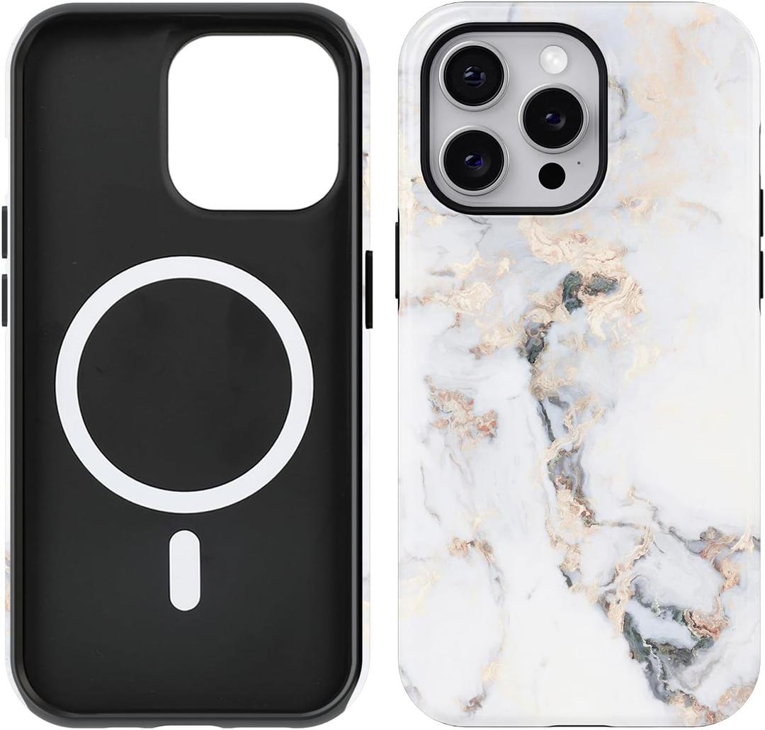 Compatible with iPhone 15 Pro Max Case [Compatible with MagSafe] -Shockproof Protective Slim Soft TPU Cover Phone Case 6.7" (White Golden Marble)