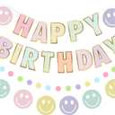 Pre-Strung Happy Birthday Banner, NO DIY Birthday Decorations with Circle Dot Garland and Preppies, Happy Birthday Party Decorations for Women Men Girls Boys (Pastel)