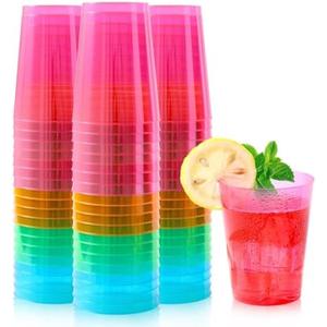 QIANQUEYUE 100 Count 10oz Disposable Tumblers Neon Cups for Party, 10oz Disposable Hard Multicolor Plastic Cups, Plastic Margarita Glasses