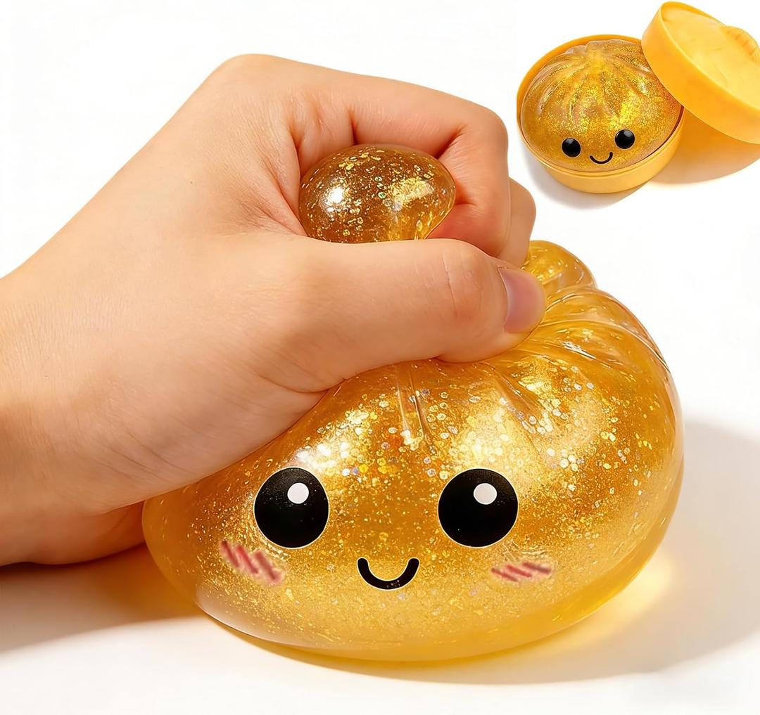 Dumpling Squishies, Glitter Dumpling Mystery Box, 2026 Upgraded Dumplings Stress Balls Fidget Sensory Balls, Squeeze Dough Ball Stress Relief Hand with Food Steamer, Relaxation Gift (Glitter Yellow)