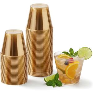 Minatee 100 Count Plastic Cups Disposable Fancy Cups Heavy Duty Wine Cocktail Glasses for Easter, Wedding, Graduation, and Birthday Party Plastic Drinking Tumblers(Brown,9 oz)