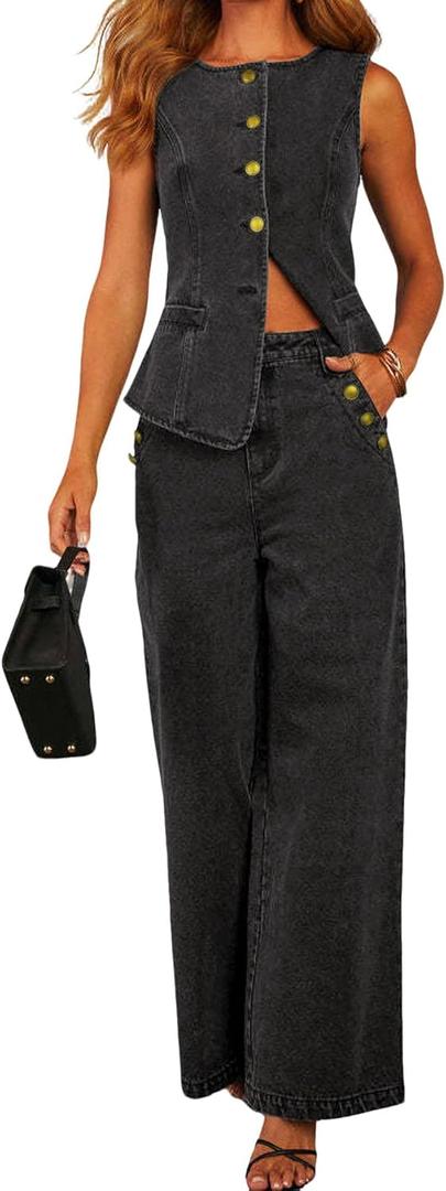 loveimgs Women 2 Piece Denim Set Button Sleeveless Jean Vest Denim Top Y2k Shirt Wide Leg Jeans Palazzo Pants Outfits (Large, Black)