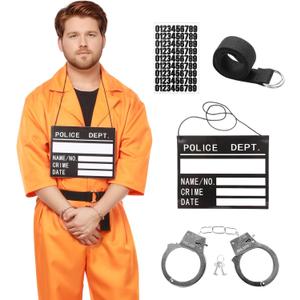 Inmate Costume Men, Orange Prisoner Costume Jail Jumpsuit Convict Outfits Halloween Costumes for Men (X-Large)