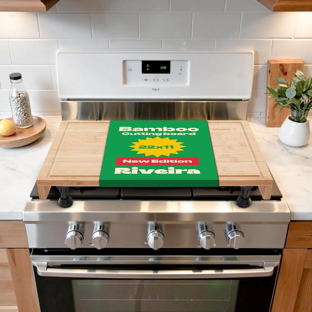 Riveira 22x11 Bamboo Natural Stove Top Covers for Electric Stove & Gas Stove Top Covers for Gas Burners  Large Gas Stove Cover with Handle & Juice Groove  Rustic Stove Covers for Gas Stove Top