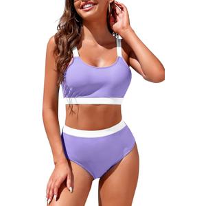 Womens High Waisted Bikini Sets Sporty Crop Top Color Block Swimwear Bandeau Scoop Neck Vintage Two Piece Bathing Suits (Medium, Light Purple+white)