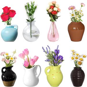 Cute Mini Ceramic Vase Magnets for Fridge, Funny Small Plant Magnets, Tiny 3D Plant Vase for Refrigerator Decoration Kitchen Locker Kitchen Office (8 Pack)