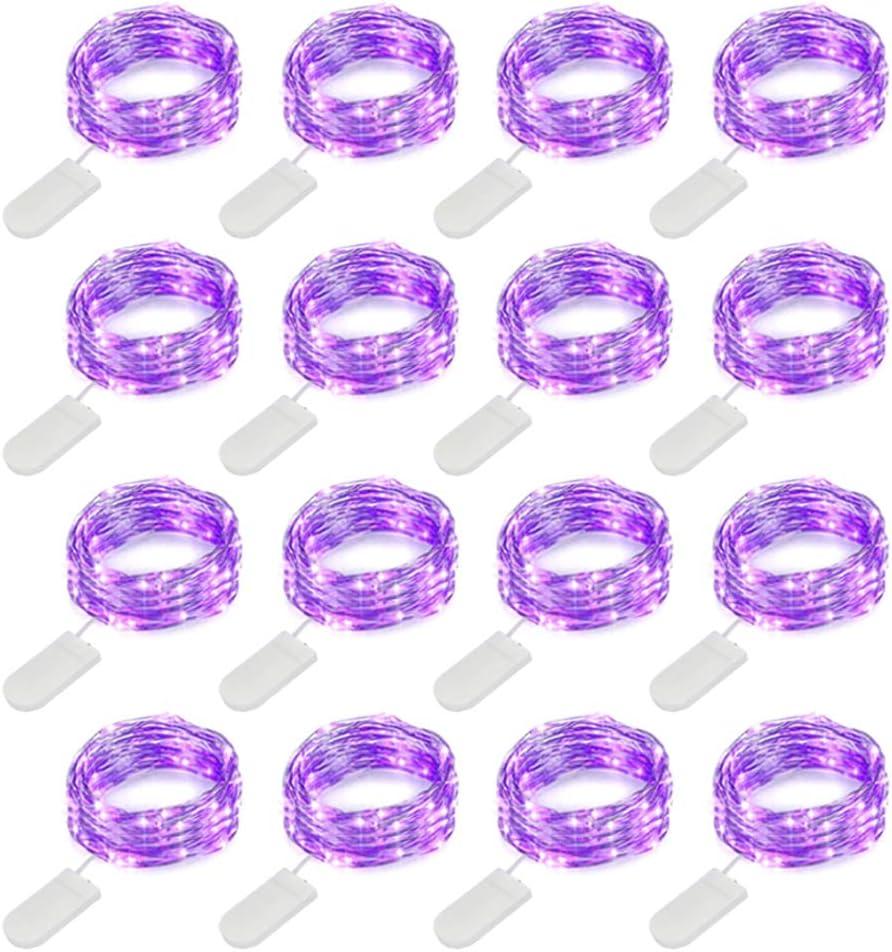 MUMUXI 16 Pack 10 ft Fairy Lights Battery Operated, 30 LED Mini String Lights Waterproof Copper Wire Firefly Starry Lights for DIY Halloween Party Christmas Festivals Decorations, Purple