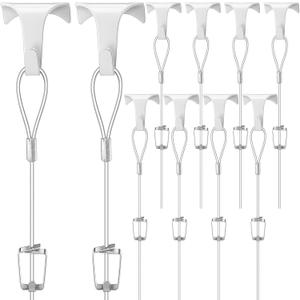 Duraaamo Pack of 10 Picture Rail Hanging System White Rail Hooks 3. 3 lb (1. 5 Kg) Load, 5 ft Clear Wire Invisible Loop Adjustable Molding Hook Kit for Pictures, Exhibition, Art Gallery Supplies