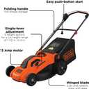 BLACK+DECKER Electric Push Lawn Mower, Corded, 13 Amp, 20-Inch Cutting Deck, 6 Setting Height Adjustment, Compact Storage, Collection Bag (BEMW213)