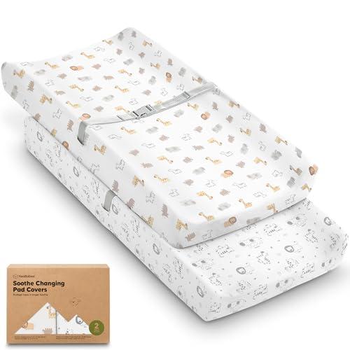 2-Pack Organic Changing Pad Covers for Girl, Boy, Neutral - 100% Cotton Changing Table Pad Cover, Soft Baby Nursery Diaper Changing Pad Sheets,Contour Changing Pads Liners,Change Pad Cover(KeaSafari)