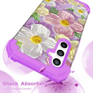 Galaxy S24 Ultra Case Purple/Pink | 3 in 1, Oil Painting Flower Pattern, Heavy Duty, Shockproof Protection, Soft Silicone Rubber Bumper, Hard Plastic Protective Cover, 6.8"