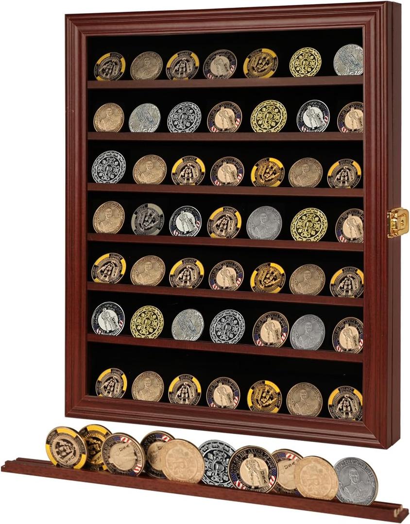 Jinchuan Military Challenge Coin Display Case Lockable Cabinet Rack Holder Shadow Box with Removable 2 Grooves Shelves and Anti Dust Door for Casino Poker Chips Collectibles, Large - Mahogany Jinchuan Military Challenge Coin Display Case Lockable Cabinet Rack Holder Shadow Box with Removable 2 Grooves Shelves and Anti Dust Door for Casino Poker Chips Collectibles, Large - Mahogany