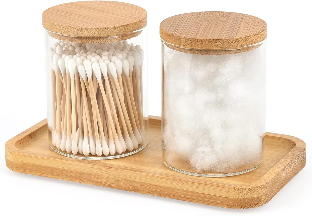 BKYFPQ Bamboo Vanity Tray, Bathroom Tray Organizer Glass Qtip Holder Dispenser Apothecary Jars for Cotton Swabs Balls, Round Pad, Perfume Candles, Cosmetics and Jewelry Storage Organizer