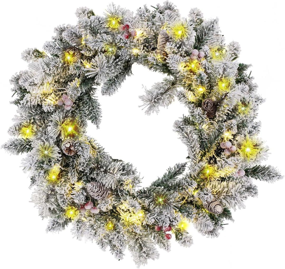 NALONE 24 Inch Snow Flocked Christmas Wreath, Pre-Lit Artificial Christmas Wreaths with 40 LED Lights&Timer, Pine Cones and Red Berries, Xmas Wreath for Front Door Decoration (Snow Flocked)