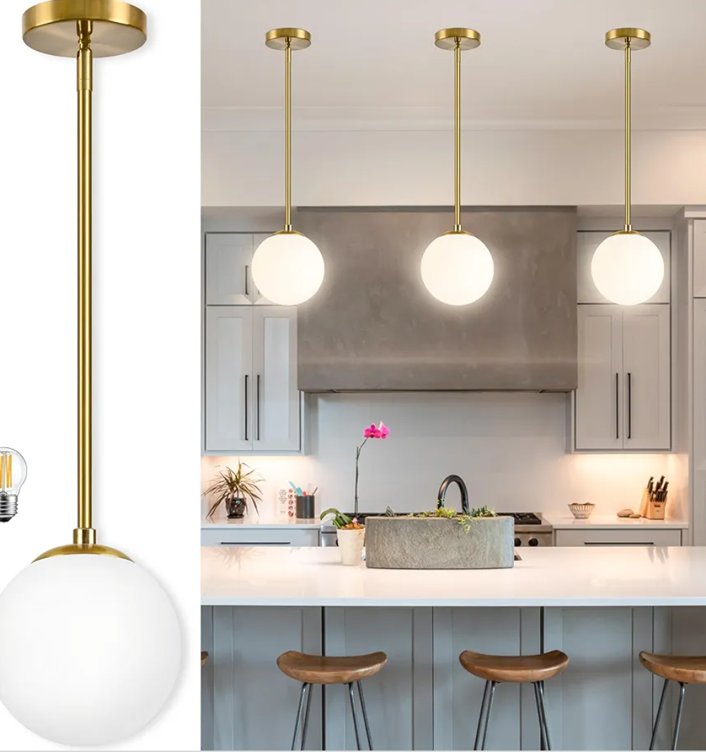 Bagood 6" Globe Pendant Light Gold Mid Century Pendant Light Globe Pendant Lights Kitchen Island Brushed Brass Finished with Milk Glass Lampshade Adjustable Ceiling Light Fixtures for Kitchen