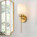 Gold Bathroom Wall Sconce, 1-Light Single Bathroom Vanity Light, Modern Brass Wall Sconce with Frosted Milk White Striped Glass Shade for Bedroom Hallway Entrance