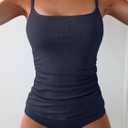 Eomenie Women's Swimsuit Tankini Tummy Control Bathing Suits Two Piece Full Coverage Slim Swim Suits with High Waisted Bottom (Large, Dark Blue-ribbed)