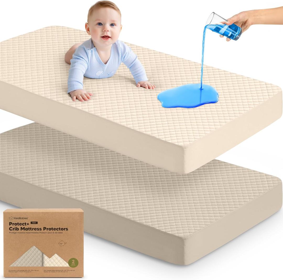 2-Pack Waterproof Crib Mattress Protector Cover Fitted - Quiet Baby Crib Mattress Pad Sheets, 52" x 28" Soft Quilted Cotton Baby Sheet, Machine Washable, Easy Fit, Durable (Ecru/Quin)
