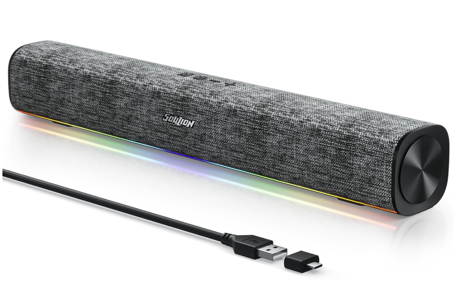 SOULION R100 Bluetooth Computer Speakers with Dynamic LED Light, USB Plug & Play PC Speakers with Switch Button, Clearly Sound Soundbar for Desktop Laptop Monitor(USBC to USB Adapter Included)