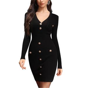 M.Infisavo Womens Sweater Knit Bodycon Dress, V Neck Mini Casual Dresses Long Sleeve Button Down Vintage Fall Elegant Outfit Black, L