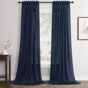 Navy Linen Curtains 102 inch Length 2 Panels Set Modern Farmhouse Living Room Drapes Light Filtering Rod Pocket Back Tab Filtering Privacy Semi Sheer Curtain 102 inches Long