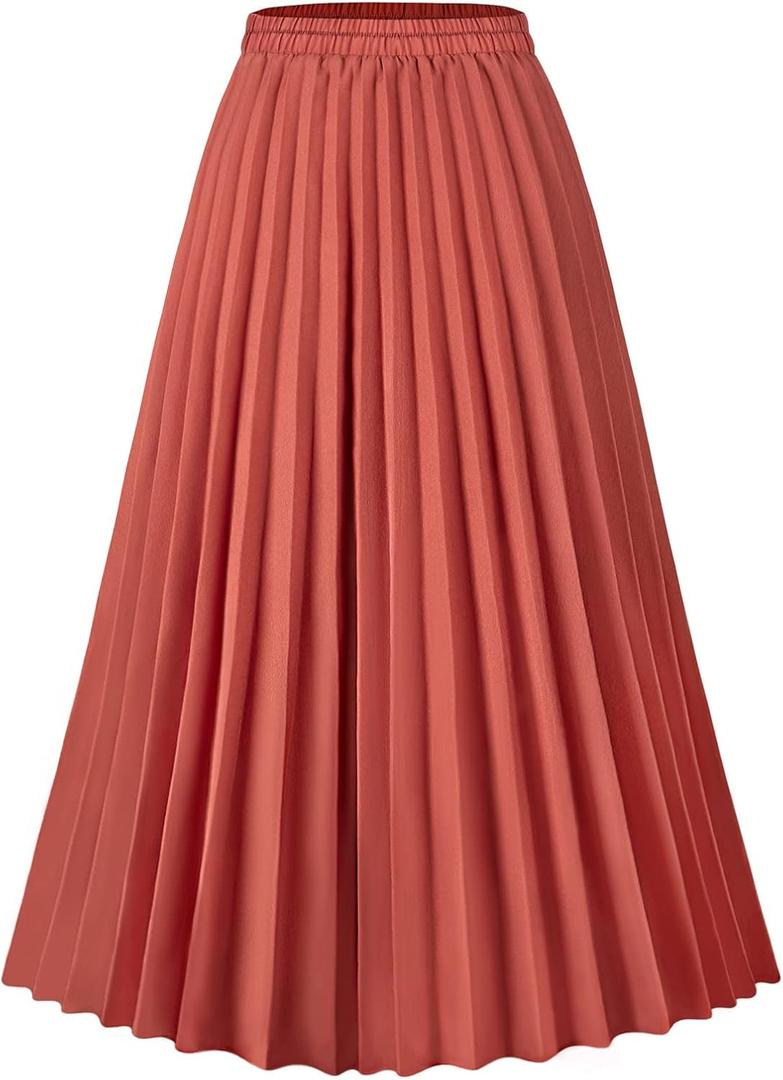 Basoteeuo Brown Pleated Skirt for Women Midi Length Summer High Waisted A Line Elastic Waist Skirts S