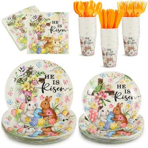 Teenyyou 175 Pcs Easter Party Supplies He Is Risen Easter Religious Plate and Napkin Set He Is Risen Garden Paper Tableware Set to Serve 25 Guest Vintage Spring Disposable Dinnerware for Holiday Party
