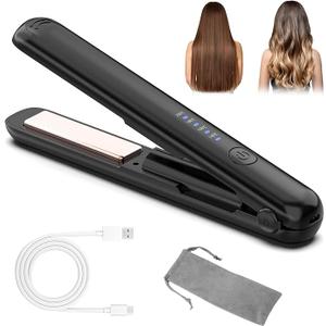 Mini Portable Cordless Hair Straightener, 1 inch Double Ceramic Flat Iron Hair Straightener and Curler 2 in 1, Wireless Curling Iron for Travel (Black)