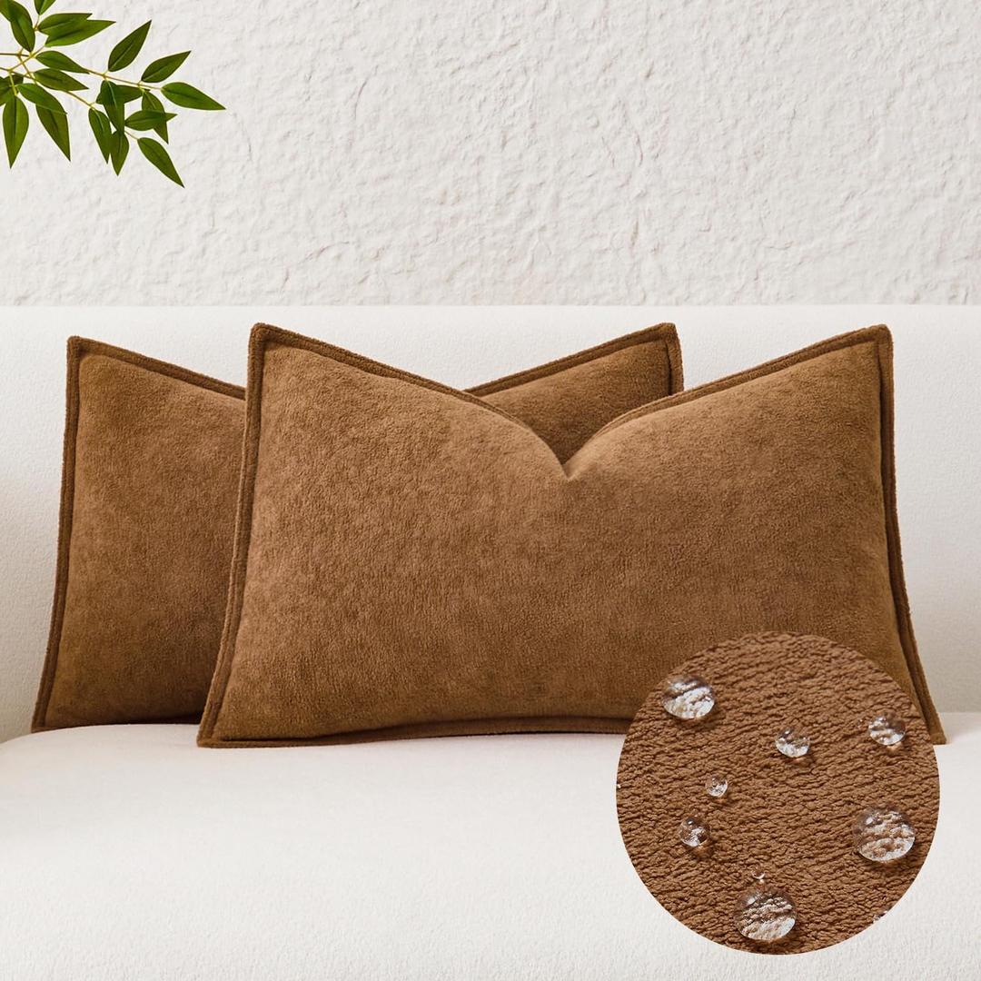 Kevin Textile Waterproof Decorative Pillow Covers Brown 12x20 Inch Pack of 2 Soft Boucle Textured Lumbars Cushions Elegant Accent Pillows for Couch Sofa Chair Bed Home Decor Indoor Outdoor