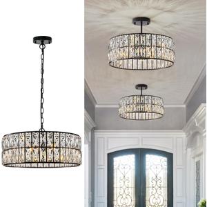 Black Crystal Chandelier 6-Lights Crystal Pendant Light Large 18 Inches Drum Semi Flush Mount Ceiling Lights for Dining Room Living Room Kitchen Closet