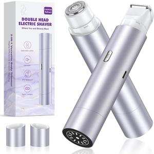 Bikini Trimmer for Women, Dual Head Face Shaver Body Hair Trimmmer, IPX7 Waterproof Womens Electric Razor for Legs, Purple