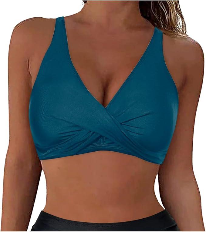 Women Lace Up Swimwear Tops Underwire Full Coverage Bikini Top Push Up Swim Crop Top Tie Back Swim Shirt Women M