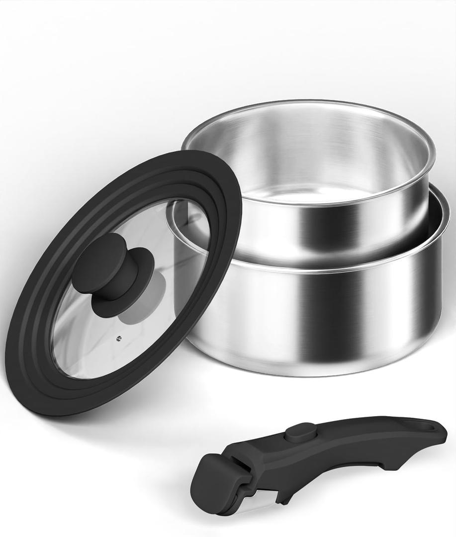 2.0 & 3.0 Quart Saucepan with Lid, Stainless Steel Pot Sets, Kitchen Cookware Set with Removable Handle, Saucepan Set with 18cm and 20cm Pots and Multi-Purpose Silicone Lid  All Stovetop Compatible