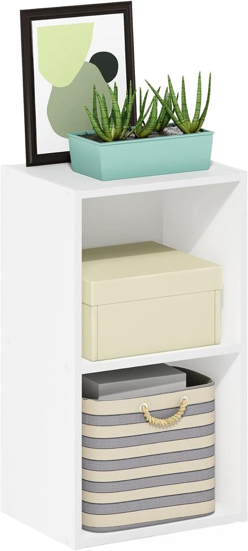 Furinno PASIR Book Shelf, 2-Tier Modern Bookshelf, Open Shelves Bookcase 9 x 12 x 21, Easy Assembly, for Living Room, Bedroom, Home Office, White, 2-tier Cube