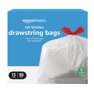 Basics 13 Gallon Tall Kitchen Drawstring Trash Bags, Flextra Strength, Tear Resistant, Puncture Resistant, 10% Post Consumer Recycled, 90 Count, White
