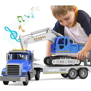 DOWELLIN Transports Trucks Kids Toys, 22" Large Semi Truck Toy Carrier and Excavator Truck with Sound&Light,Friction Powered Cars Toys Birthday for Boys Girls 3 4 5 6 7 8