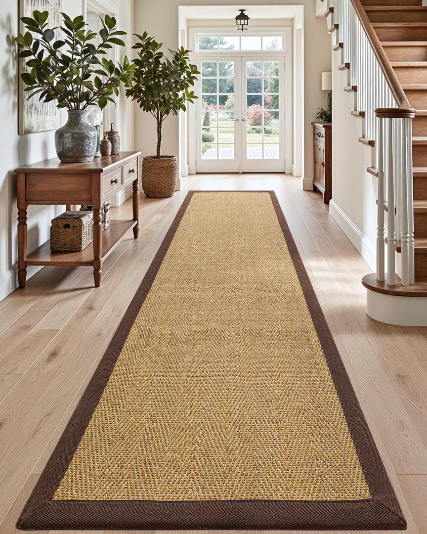 DEXI Jute Hallway Runner Rug 3x7, Woven Braided Natural Fiber Non Slip Runner Inside, Farmhouse Runners Carpet Indoor for Entryway Kitchen Luandry, Natural/Brown