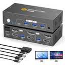 HDMI+Displayport KVM Switch 2 Monitors 2 Computers 8K@60HZ Dual Monitors KVM Switcher for 2 PC/Laptops Share Mouse Keyboard and 2 Screens,with USB3.0 Ports/Wired Controller EDID Adapative