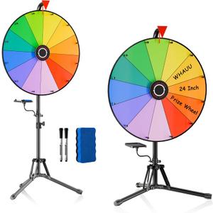 WHAUU 24 Inch Prize Wheel, Spinning Wheel for Prizes with Folding Tripod Stand, 12 Color Slots Dry Erase Spinner with Eraser for Carnival, Trade Show, Party Games, Classroom Activities