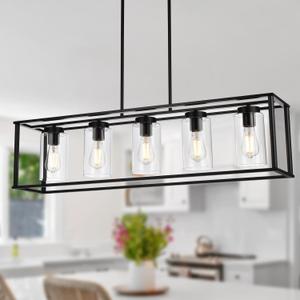 Farmhouse Chandeliers Rectangle Black 5 Light Dining Room Lighting Fixtures Hanging, Kitchen Island Cage Pendant Lights Contemporary Modern Ceiling Light with Glass Shade Adjustable Rods