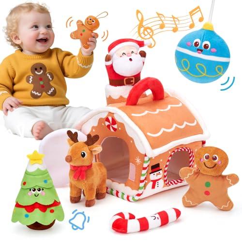 hahaland Baby Toy for 6–12 Months – Musical & Sensory Plush Toy Set with Gingerbread House, Santa, Reindeer & Rattles, Soft Infant Activity Toys, Baby Easter Basket Stuffers