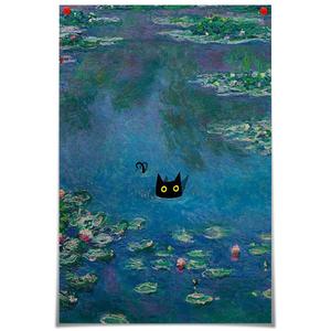 Vintage Monet Canvas Wall Art Famous Oil Paintings Monets Water Lillies Black Cat Poster Funny Cat Floral Print Abstract Farmhouse Gallery Aesthetic Room Decor for Bedroom Bathroom 24x36in Unframed