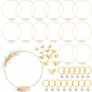 14 Pack Floral Hoop with Stand and LED Fairy Lights 18 inch Metal Rings for DIY Centerpiece Table Decorations Crafts Macrame Rings Hoop Wreath Dream Catcher Rings Wedding Christmas Wreaths, Gold